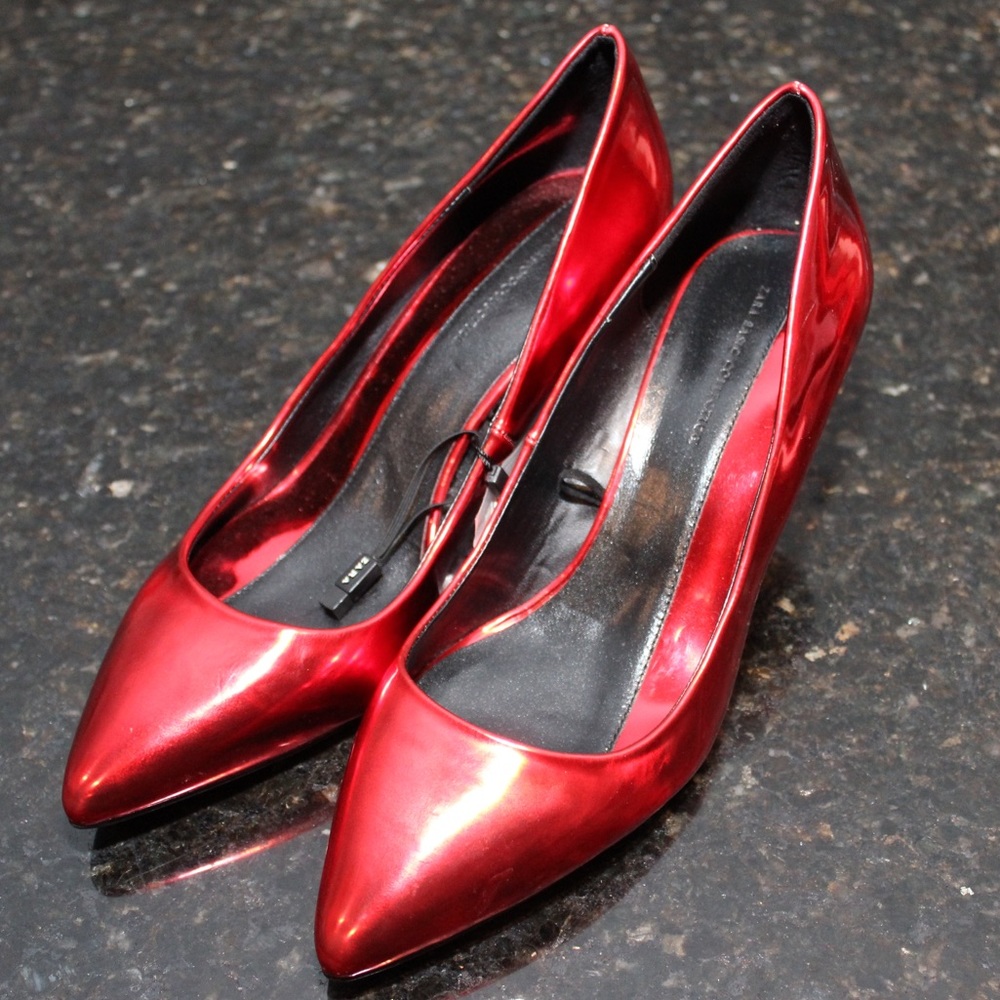 Zara Metallic Red Holliday Kitten Heel